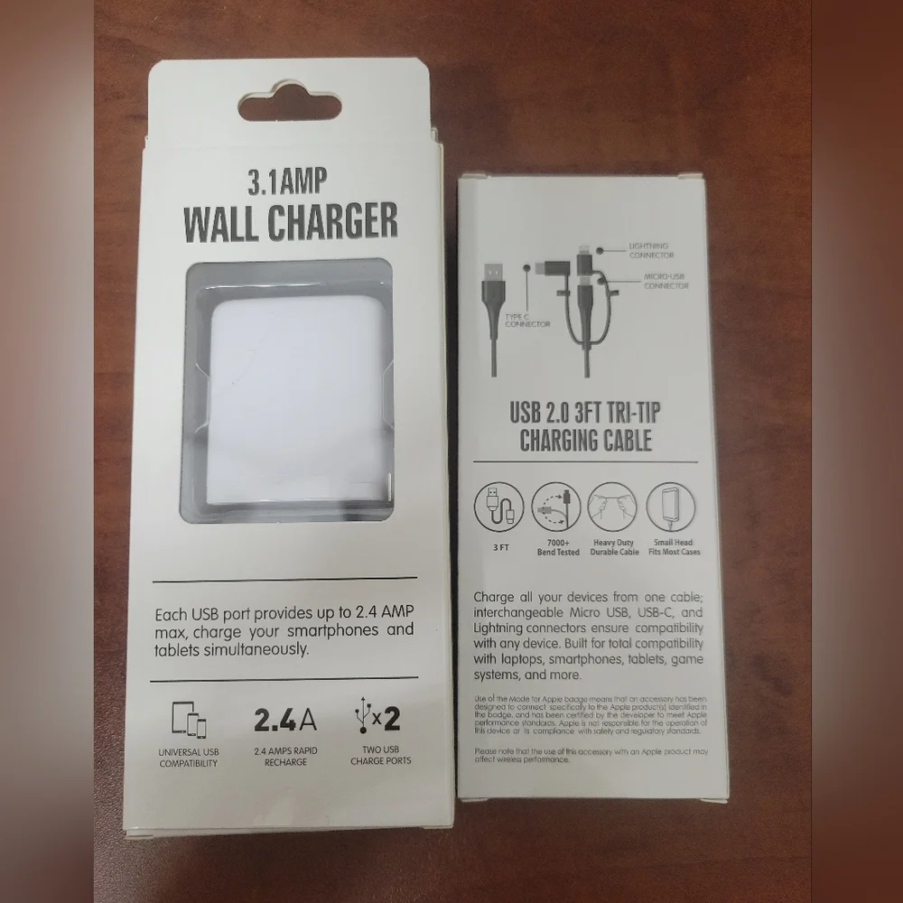 Dual USB Wall Charger & Usb 2.0 3 Ft Tri-tip Charging Cable NIB
